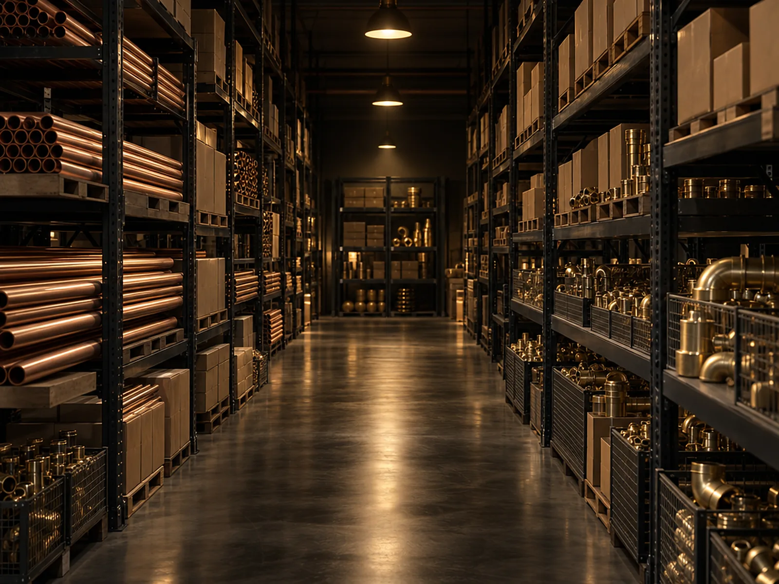 Plumbing supply warehouse aisle with copper pipe and brass fittings